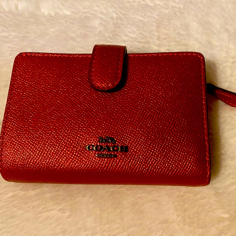 Coach Metallic Red Pebbled Leather Medium Corner Zip Wallet